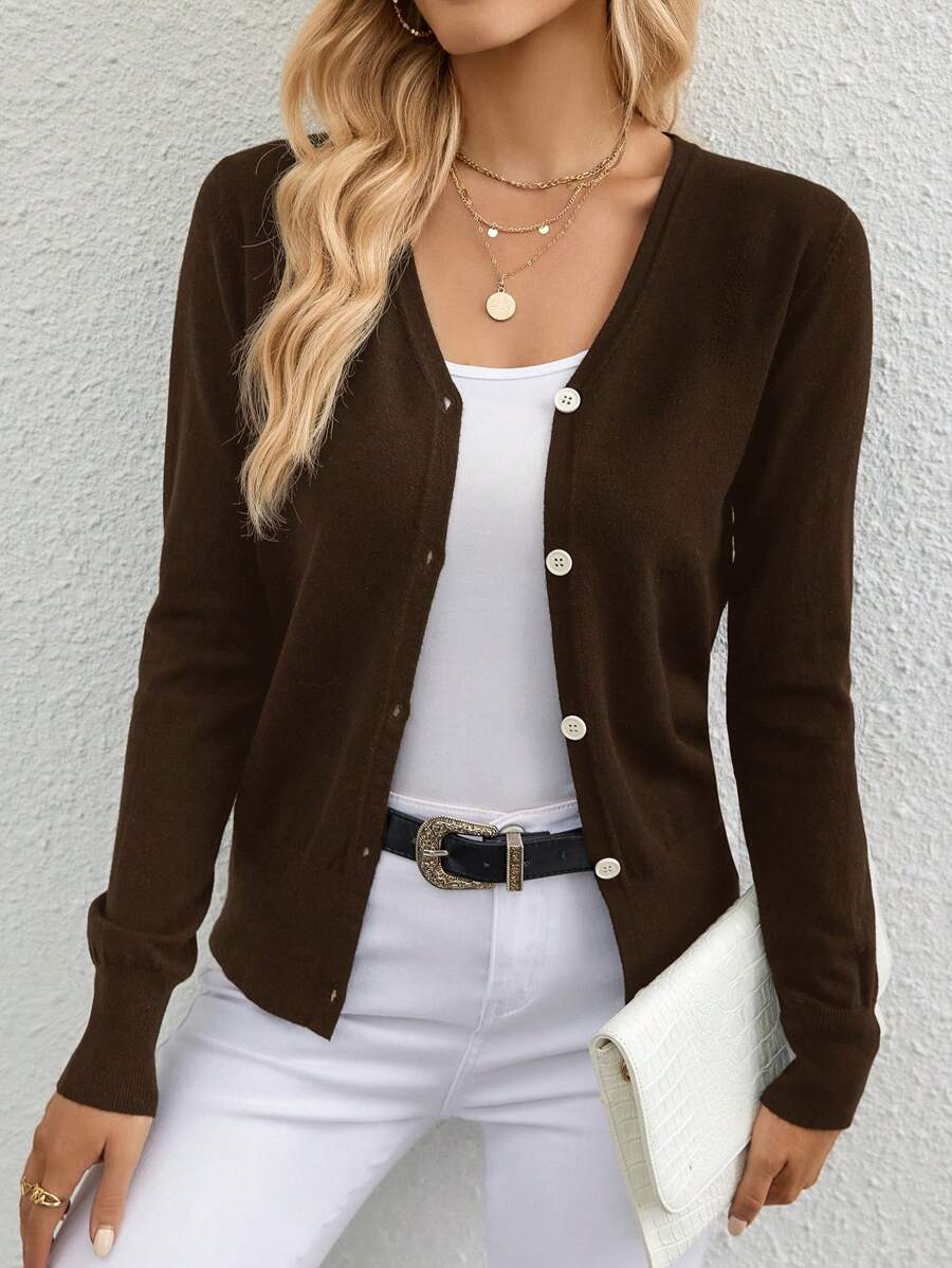 SHEIN Privé Cardigan court décontracté à manches longues et couleur unie pour femmes, automne/hiver - Marron - Voir 1