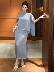 DAZY 2 件套女士纯色 Polo 领上衣和 A 字裙，秋季服装 - 藍色 - 查看 5