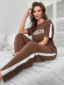 Letter Graphic Drop Shoulder Tee & Wide Leg Trousers Lounge Set - Coffee Brown - View 1