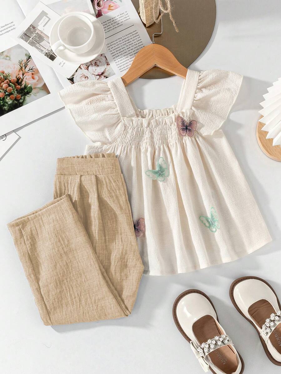 SHEIN X JIMENA & MATEO Vintaside Kids Outfit-Set für Kleine Mädchen mit Lässig Urlaubs-Basisshirt mit Schmetterling-Applikation, Kurzarmkragen und Jeans-Effekt-Hose, bequem für Herbst-Picknicks