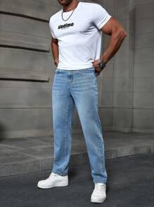 Manfinity Homme Men's Light Blue Denim Casual Straight Leg Jeans - Light Wash - View 8
