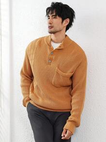 Manfinity Homme Suéter Casual de Manga Longa de Cor Sólida com Bolso, para Homens - Caqui - Visão 7