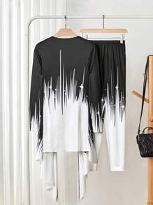SHEIN LUNE Setelan Jaket Wanita Kasual Motif Blok Warna, Atasan Lengan Panjang dan Celana Panjang untuk Musim Gugur, Musim Semi/Musim Gugur - Hitam dan Putih - View 2