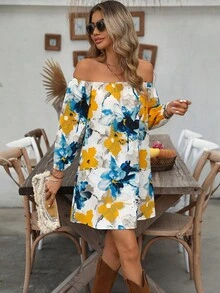 SHEIN VCAY Váy chữ A hở vai in họa tiết đơn giản cho kỳ nghỉ mùa thu/đông dành cho nữ - Nhiều màu - Xem 5