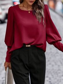 EMERY ROSE Women's Solid Color Elegant Fall Blouse With Gigot Sleeve And Single Back Button, Spring Summer,Long Sleeve Tops - Burgundy - View 2