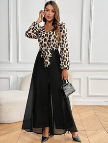 SHEIN Clasi 女式春夏豹纹 V 领灯笼袖优雅连体裤 - 彩色 - 查看 2