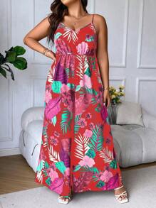 Breezaya 大码细肩带露背优雅全身印花连体裤 - 紅色 - 查看 3