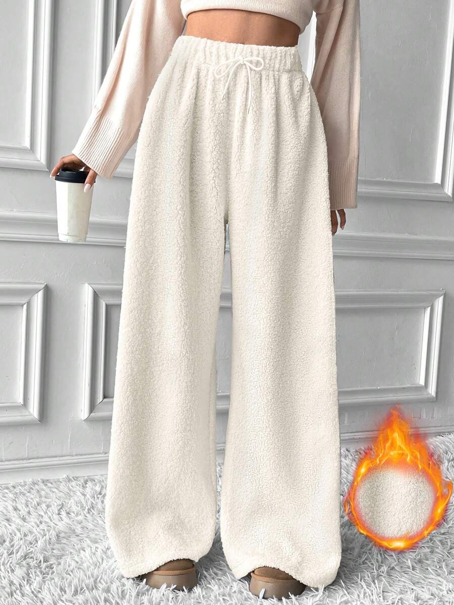 Chiquease Quần ống rộng ống rộng có dây rút bằng vải lông cừu Teddy dành cho nữ - Màu be - Xem 1