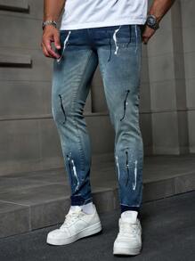 Manfinity EMRG Men's Dark Blue Washed Denim Skinny Jeans With Stretch