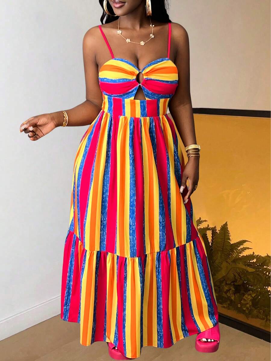 Slaydiva 度假优雅无袖镂空胸背镂空修身上衣宽松多层拼布彩色条纹图案连衣裙女春夏