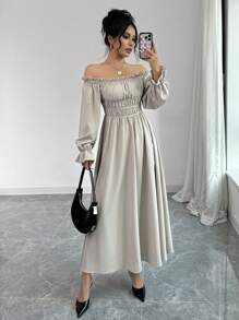 Chiquease 优雅露肩收腰长袖优雅迷人连衣裙 - 卡其色 - 查看 4
