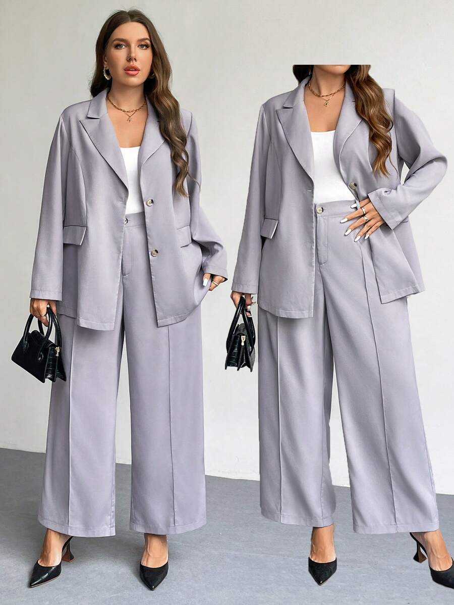 SHEIN Privé Plus Size Elegant Business/Party Suit Set - Long Sleeve Blazer Jacket & Trousers - Grey - View 1