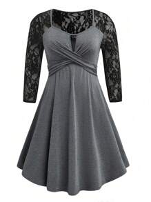 SHEIN LUNE Robe longue élégante en dentelle ajourée et à patchwork, grande taille - Multicolore - Voir 7