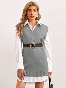 EURMUSE Women's V-neck Sweater Vest Dress - Grey - View 5