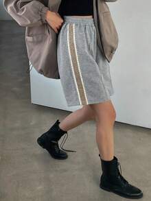 DAZY 女士弹性腰部撞色带短裤休闲宽松短裤 - 灰色 - 查看 5