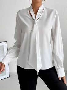 SHEIN Unity Women's Solid Color Tie Neck Long Sleeve Formal Blouse For Work