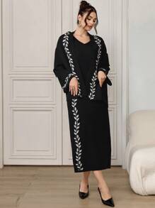 Modelyn Conjunto elegante de vestido de manga larga con escote de ojo de cerradura y estampado floral con detalle calado y bufanda a juego, Vestidos de suéter ajustados elegantes para uso casual diario/fiesta - Blanco y Negro - Ver 3
