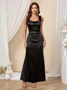 SHEIN Belle Shein Belle Women's Ball Solid Color Off-Shoulder Evening Dress, Shoulder Straps Are Sewn With Fur Strips, Comfortable, Simple And Fashionable, Elegant Prom Semi Formal Dress, For Birthday, Wedding Guest, Graduation Homecoming