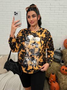 Deniart Artist Plus Size Women's Casual Long Sleeve Crew Neck Tie-Dye Loose Sweatshirt, For Halloween, For Holiday, Vacation, Festival, For Workout, Ibiza Fits, Western Wear