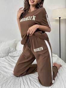 Letter Graphic Drop Shoulder Tee & Wide Leg Trousers Lounge Set - Coffee Brown - View 5