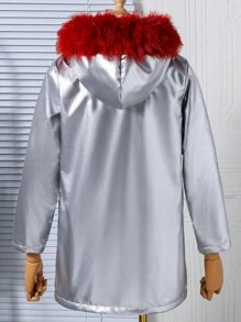 Tween Girl Metallic-Look Fluffy Collar Hooded Jacket, Winter - Silver - View 2