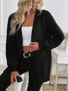 SHEIN PETITE Oversized Drop Shoulder Lantern Sleeve Solid Color Long Sleeve Knit Black Sweater Cardigan - Black - View 4