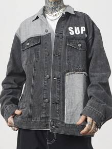 Manfinity EMRG Men's Casual Loose Letter Print Contrast Color Long Sleeve Denim Jacket, Autumn Winter - Dark Grey - View 4