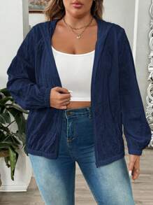 SHEIN LUNE Textured Comfortable Fabric Hooded Zip-Up Elastic Hem Plus Size Jacket Winter Fall Autumn - Navy Blue - View 1