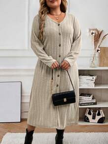 SHEIN LUNE 舒适纹理罗纹针织面料修身 V 领大码连衣裙冬装