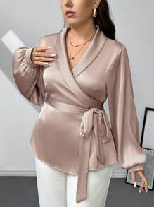 SHEIN Privé 大碼燈籠袖圍裹側打結襯衫 - 卡其色 - 查看 5