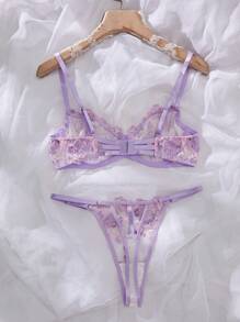 2pcs/Set Women Mesh Embroidered Lingerie Set - Mauve Purple - View 2