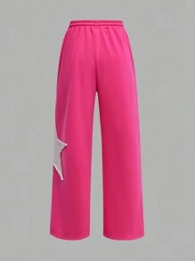 SHEIN Ensemble Top à col ras du cou en maille à manches courtes et pantalon droit pour fille préadolescente, décontracté