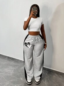 Slaydiva 女士前系带纯色花卉印花休闲街头风格运动裤 - 彩色 - 查看 4