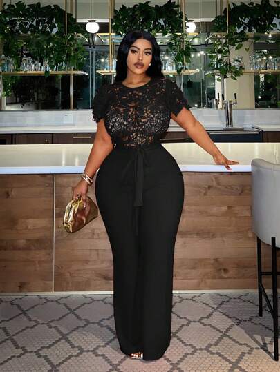 Slaydiva 大码蕾丝拼布透明短袖连体裤