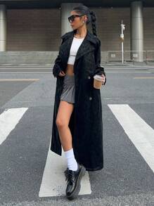 SHEIN EZwear Abrigo de trinchera de PU casual y sencillo de manga larga con cuello de solapa de color liso