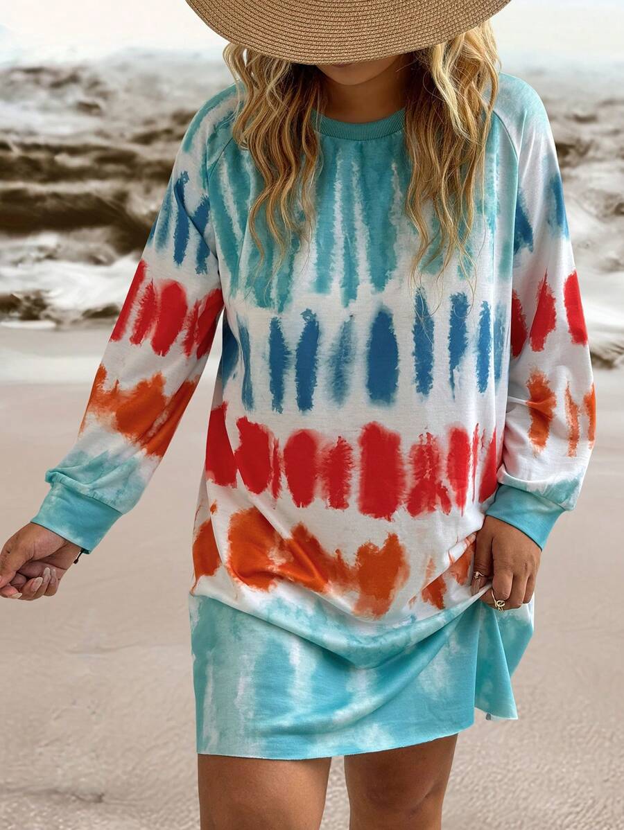 Plus Size Allover Print Crew Neck Long Sleeve Sweatshirt Pullover Fall Outfit - Multicolor - View 1