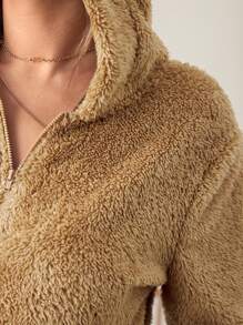 SHEIN Maternity Zip Up 3D Ears Design Hooded Flannel Romper - Khaki - View 6