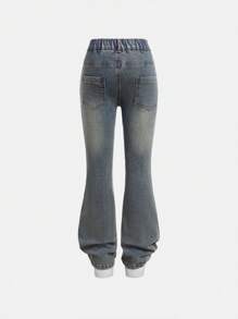 SHEIN Jeans acampanados con cintura elástica, lavado oscuro vintage bohemio urbano, con bolsillos planos, para niña preadolescente. Conjunto de vestimenta diaria