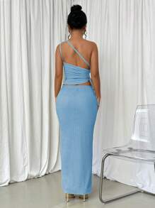 Selianne 2pcs/Set Casual One-Shoulder Cut-Out Drawstring Blouse And Mini Skirt - Blue - View 2