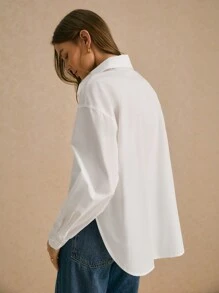 Poéselle Women's Casual Drop Shoulder Loose Pocket Shirt, Letter Embroidery, Basic Essential, Fall Winter Clothes, Effortless Chic Essential, FW24