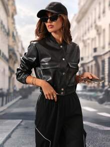 Chiquease 拼接罗纹休闲棒球飞行员夹克，女士黑色夹克 - 黑色 - 查看 3