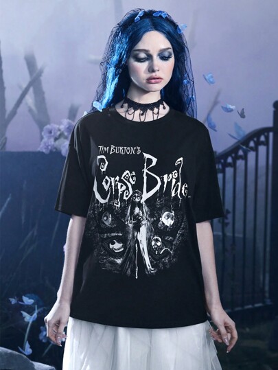 Corpse Bride | ROMWE T-shirt à épaules tombantes avec slogan et graphique de figure, école