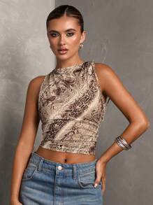 SHEIN BAE Débardeur simple et casual en coton avec cordon de serrage, imprimé peau de serpent marron pour femmes