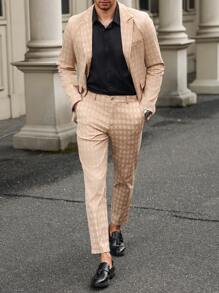 Manfinity Mode Men's Plaid Print Single-Breasted Long Sleeve Suit Jacket And Pocket Trousers 2-Piece Suit Set - Khaki - View 4
