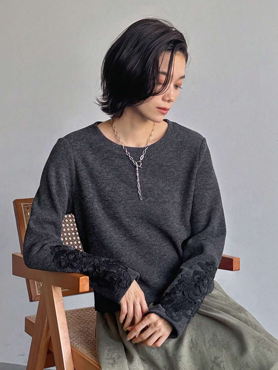 FRIFUL 女士休闲圆领长袖撞色蕾丝T恤，春秋装，秋季女装 - 黑色 - 查看 1