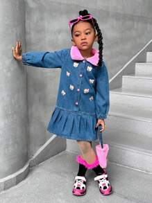 SHEIN Explorewe Young Girls Long Sleeve Belted Fluffy Collar Patchwork Washed Real Denim Fashion Dress With Bear Embroidery Pleated Hem, Suitable For Autumn And Winter - Multicolor - View 5