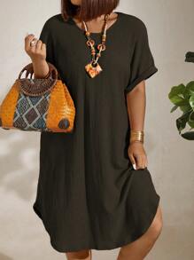 SHEIN LUNE Vestido casual de manga corta con cuello redondo de unicolor talla grande, verano - Marrón Chocolate - Ver 5