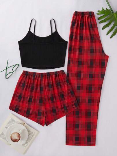 Set: Spaghetti Strap Top, Bow Plaid Printed Shorts Pants, view 2