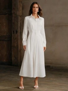 Anewsta Vestido camisa blanco de dama con cintura estilizada decorado con strass largos - Blanco - Ver 3