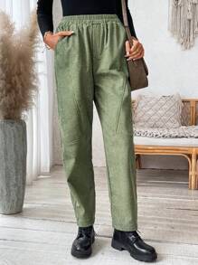 SHEIN LUNE Women's Elastic Waist Thermal Lined Pockets Splitting Design Trousers